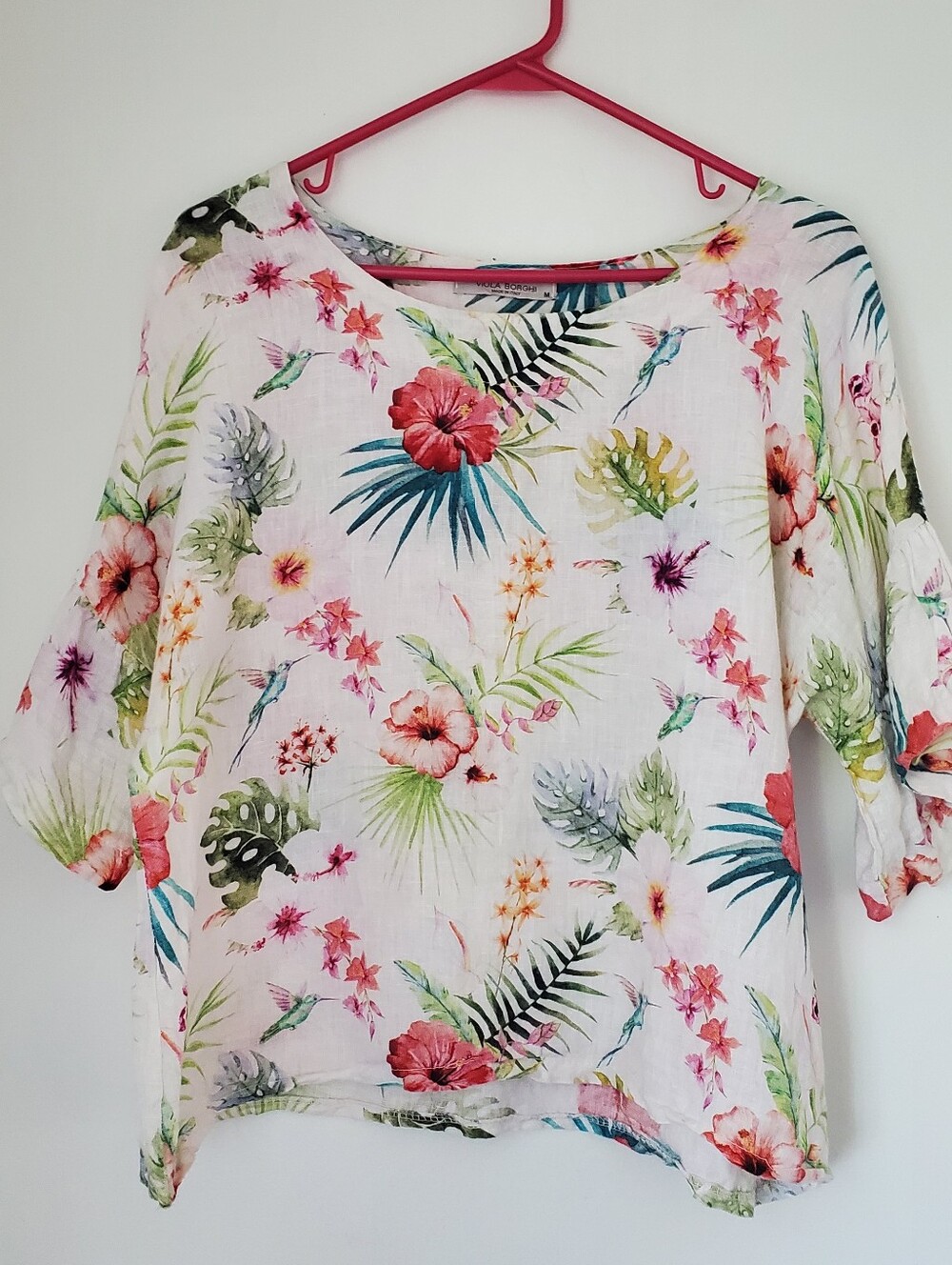 Viola Borghi Linen Top Size M Relaxed Floral Tropical Botanical Lagenlook Birds